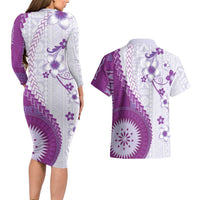 Bula Fiji Couples Matching Long Sleeve Bodycon Dress and Hawaiian Shirt Violet Plumeria Masi Tapa Pattern - Polynesian Pride