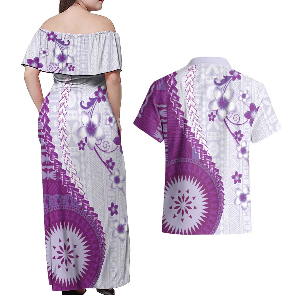 Bula Fiji Couples Matching Off Shoulder Maxi Dress and Hawaiian Shirt Violet Plumeria Masi Tapa Pattern - Polynesian Pride
