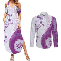 Bula Fiji Couples Matching Summer Maxi Dress and Long Sleeve Button Shirt Violet Plumeria Masi Tapa Pattern - Polynesian Pride