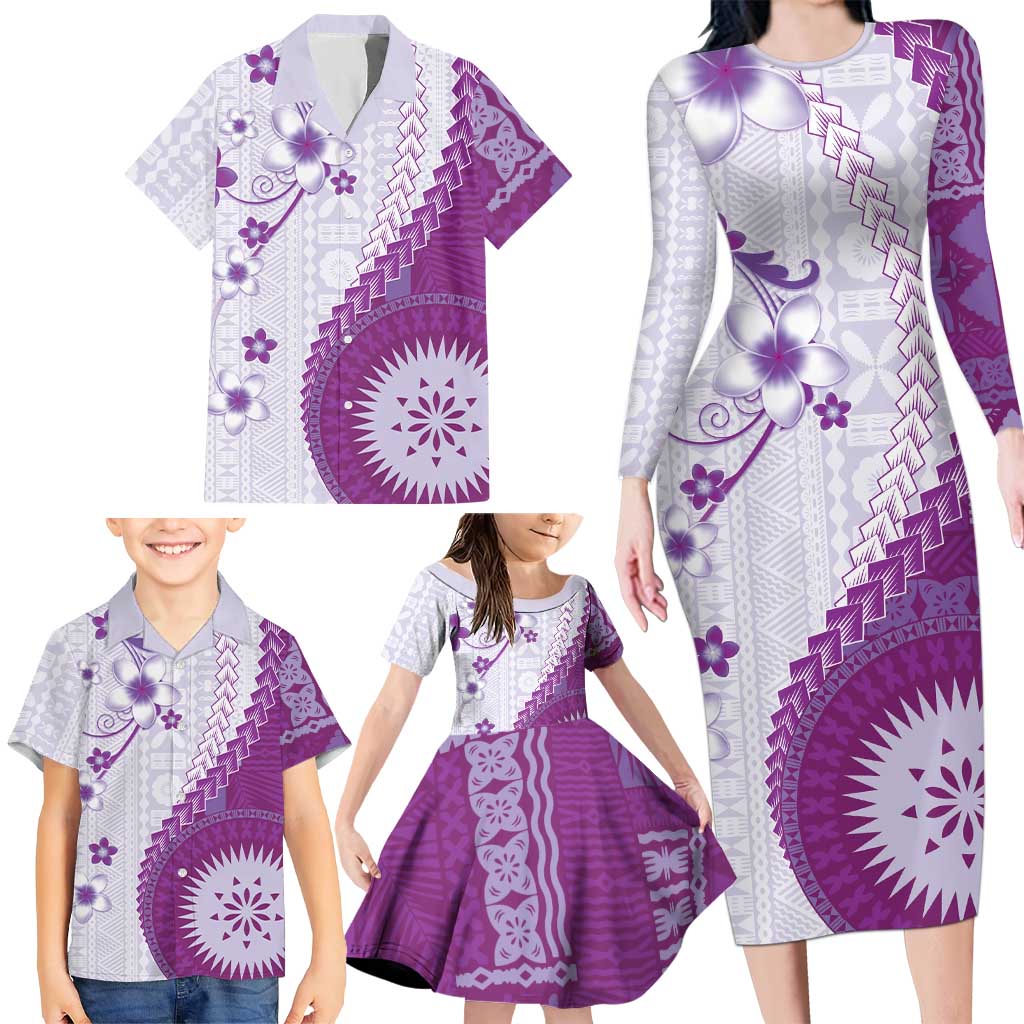 Bula Fiji Family Matching Long Sleeve Bodycon Dress and Hawaiian Shirt Violet Plumeria Masi Tapa Pattern LT05 - Polynesian Pride