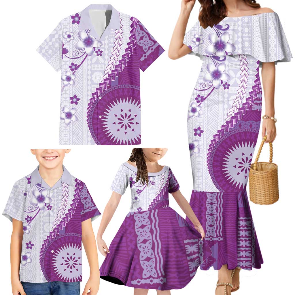 Bula Fiji Family Matching Mermaid Dress and Hawaiian Shirt Violet Plumeria Masi Tapa Pattern LT05 - Polynesian Pride