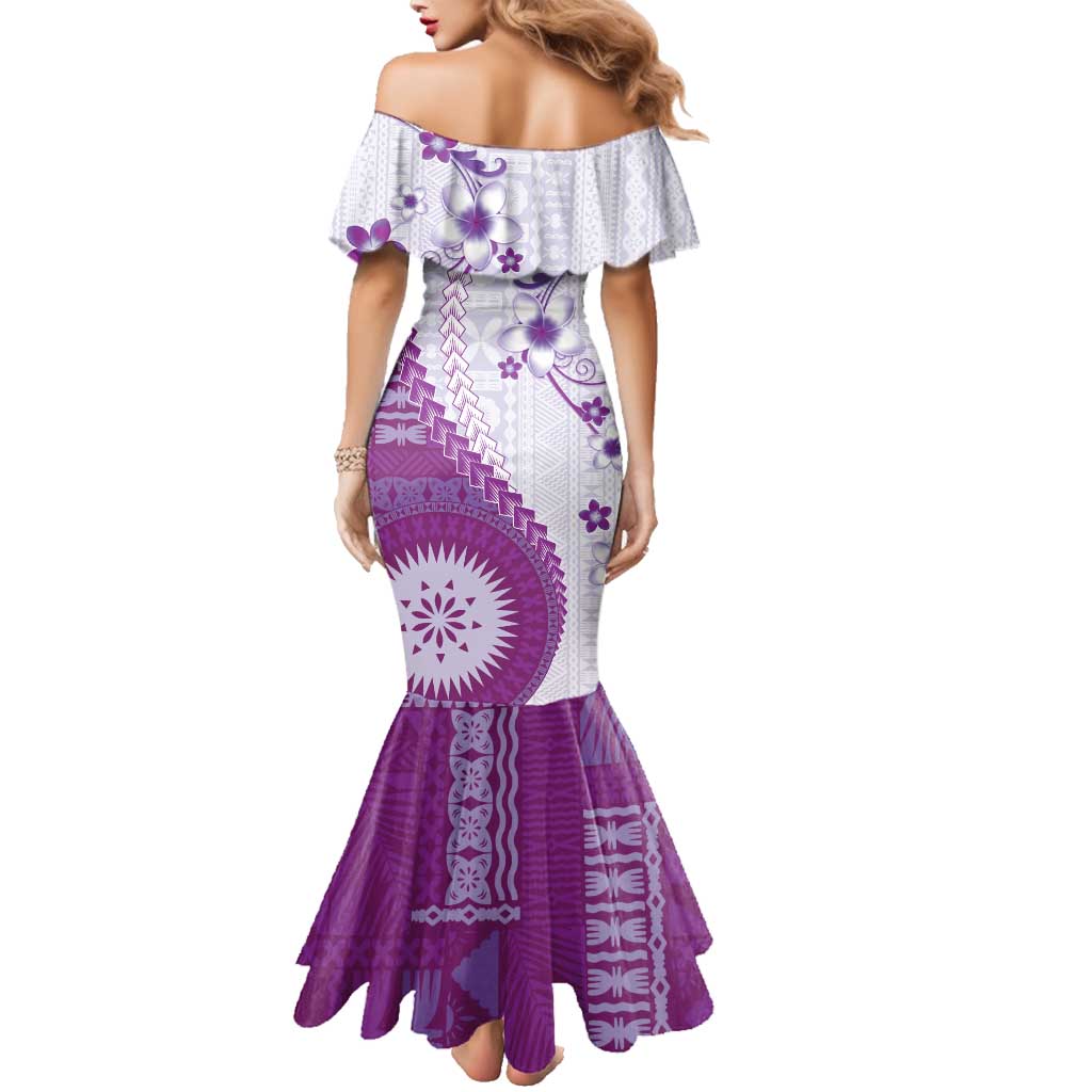 Bula Fiji Family Matching Mermaid Dress and Hawaiian Shirt Violet Plumeria Masi Tapa Pattern LT05 - Polynesian Pride