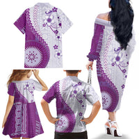 Bula Fiji Family Matching Off The Shoulder Long Sleeve Dress and Hawaiian Shirt Violet Plumeria Masi Tapa Pattern LT05 - Polynesian Pride