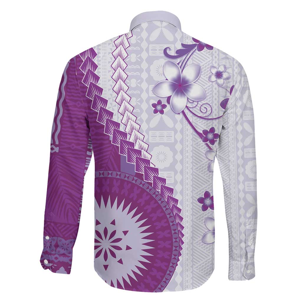 Bula Fiji Family Matching Off The Shoulder Long Sleeve Dress and Hawaiian Shirt Violet Plumeria Masi Tapa Pattern LT05 - Polynesian Pride