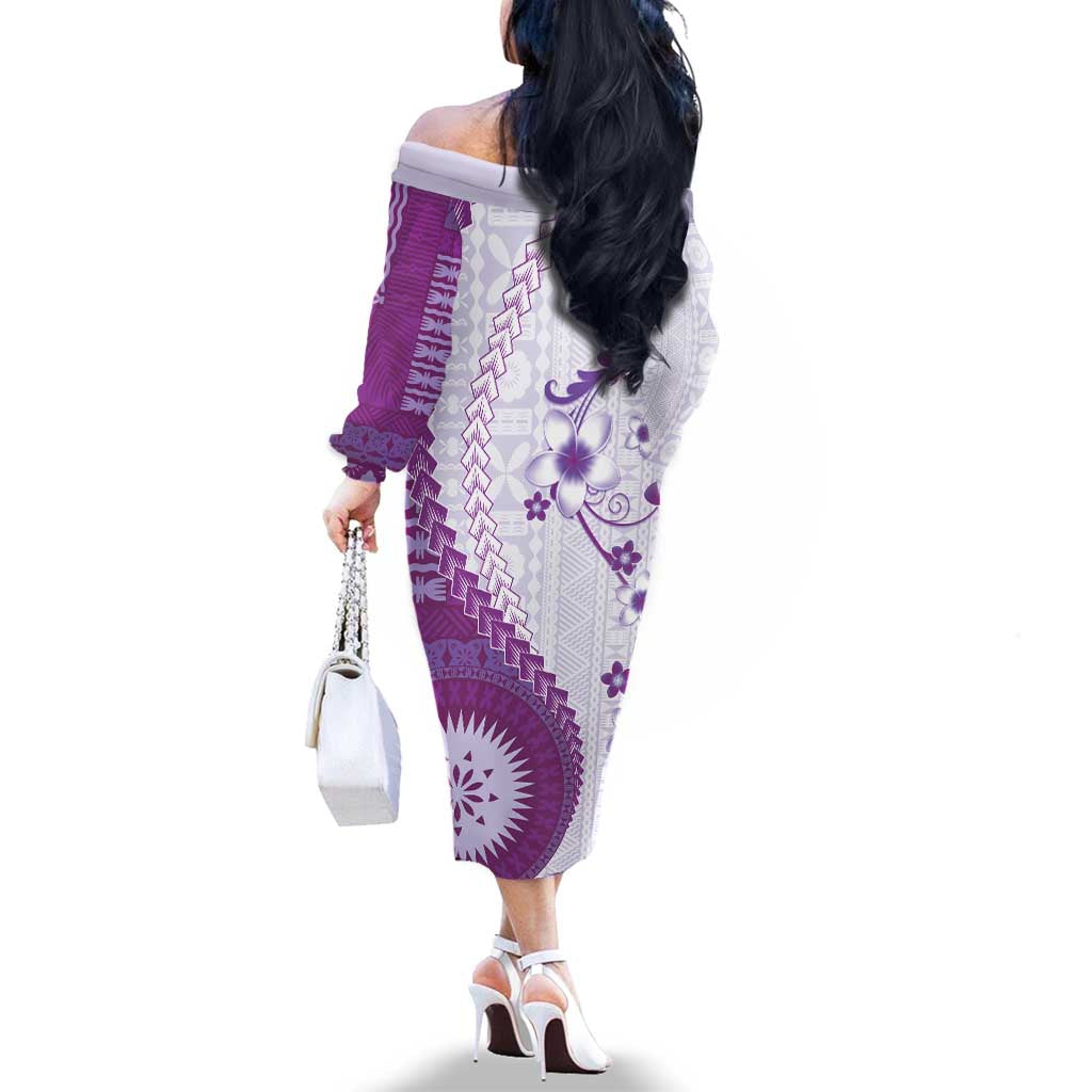 Bula Fiji Family Matching Off The Shoulder Long Sleeve Dress and Hawaiian Shirt Violet Plumeria Masi Tapa Pattern LT05 - Polynesian Pride