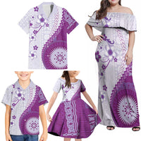 Bula Fiji Family Matching Off Shoulder Maxi Dress and Hawaiian Shirt Violet Plumeria Masi Tapa Pattern LT05 - Polynesian Pride