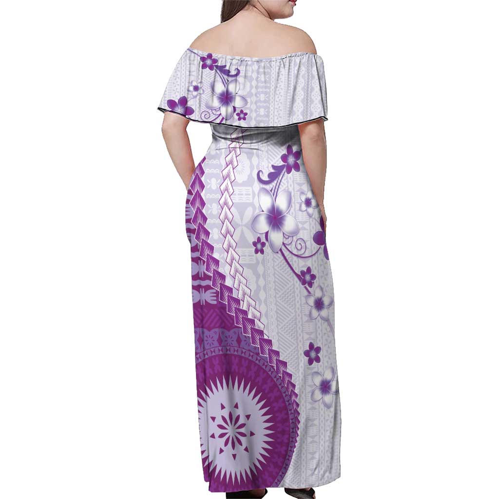 Bula Fiji Family Matching Off Shoulder Maxi Dress and Hawaiian Shirt Violet Plumeria Masi Tapa Pattern LT05 - Polynesian Pride