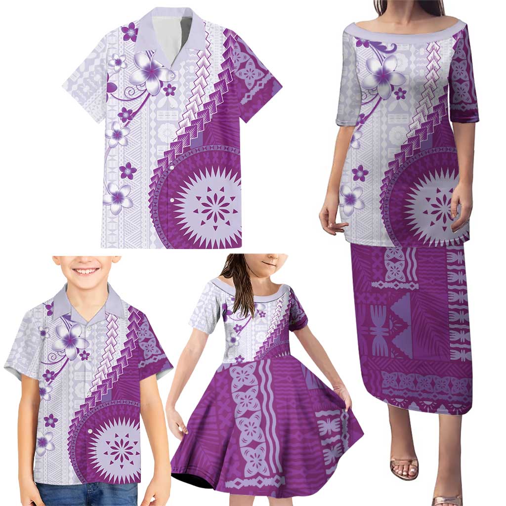 Bula Fiji Family Matching Puletasi and Hawaiian Shirt Violet Plumeria Masi Tapa Pattern - Polynesian Pride