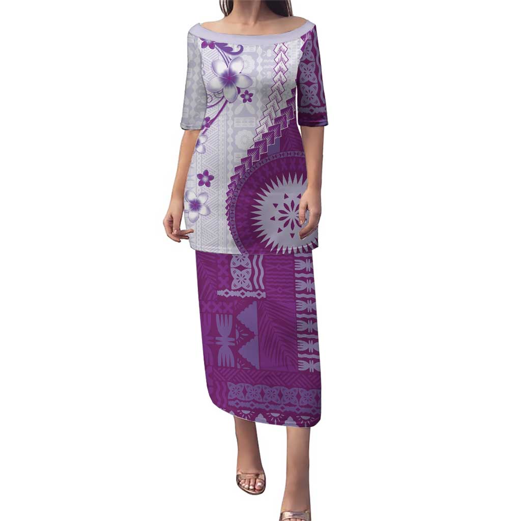Bula Fiji Family Matching Puletasi and Hawaiian Shirt Violet Plumeria Masi Tapa Pattern - Polynesian Pride
