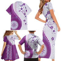 Bula Fiji Family Matching Short Sleeve Bodycon Dress and Hawaiian Shirt Violet Plumeria Masi Tapa Pattern LT05 - Polynesian Pride