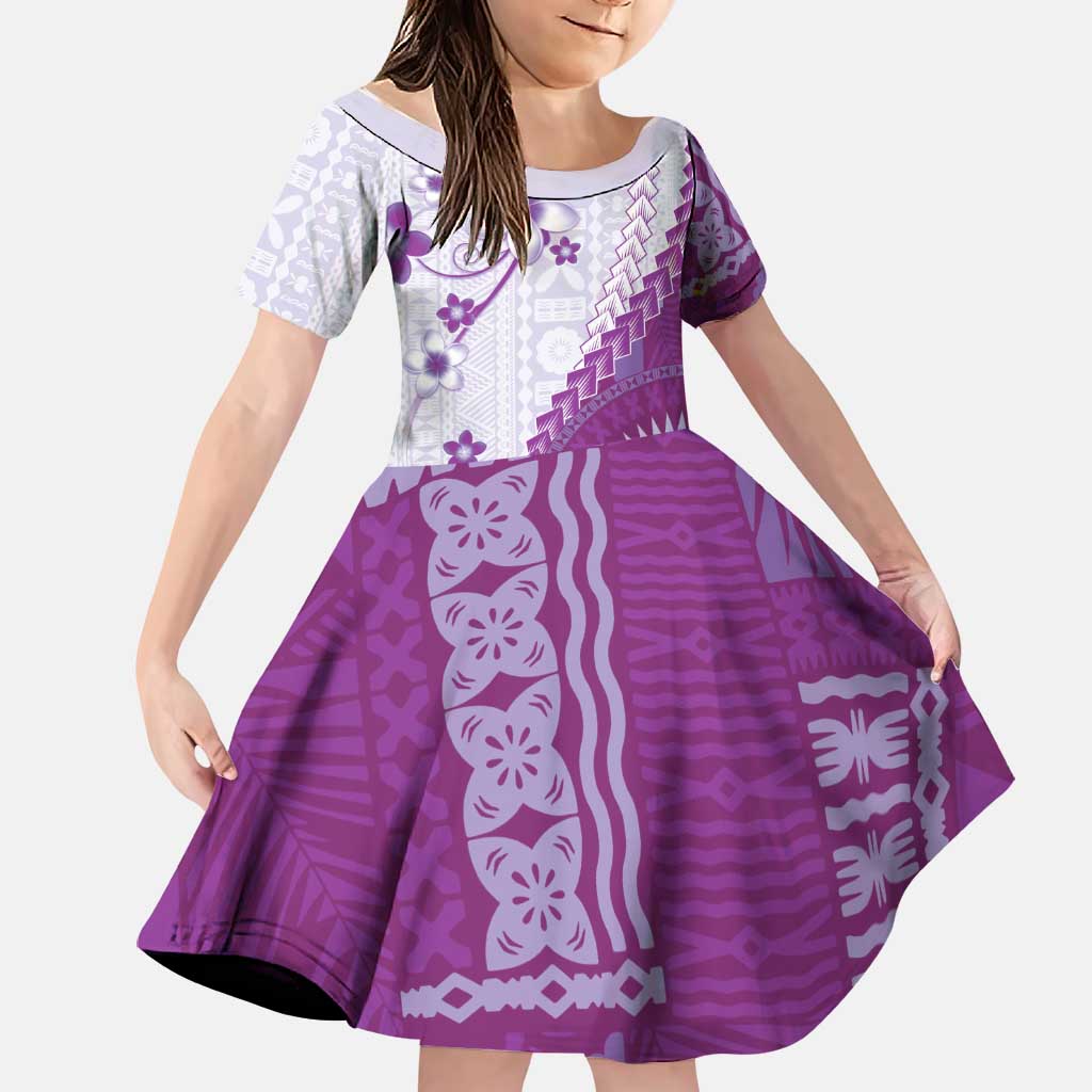 Bula Fiji Family Matching Summer Maxi Dress and Hawaiian Shirt Violet Plumeria Masi Tapa Pattern LT05 Daughter's Dress Violet - Polynesian Pride