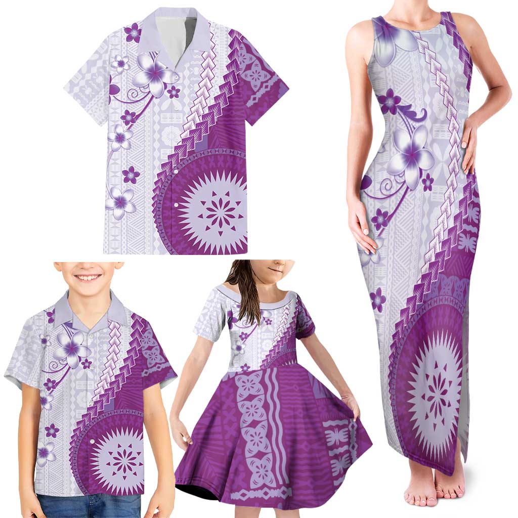 Bula Fiji Family Matching Tank Maxi Dress and Hawaiian Shirt Violet Plumeria Masi Tapa Pattern - Polynesian Pride
