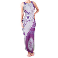Bula Fiji Family Matching Tank Maxi Dress and Hawaiian Shirt Violet Plumeria Masi Tapa Pattern LT05 Mom's Dress Violet - Polynesian Pride