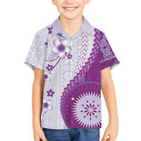 Bula Fiji Kid Hawaiian Shirt Violet Plumeria Masi Tapa Pattern - Polynesian Pride