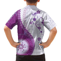 Bula Fiji Kid Hawaiian Shirt Violet Plumeria Masi Tapa Pattern - Polynesian Pride