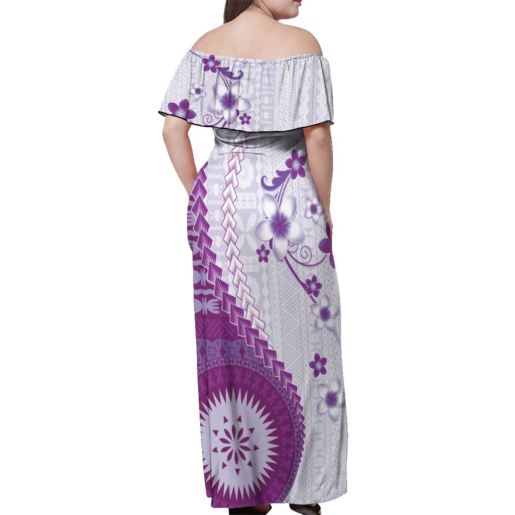 Bula Fiji Off Shoulder Maxi Dress Violet Plumeria Masi Tapa Pattern - Polynesian Pride