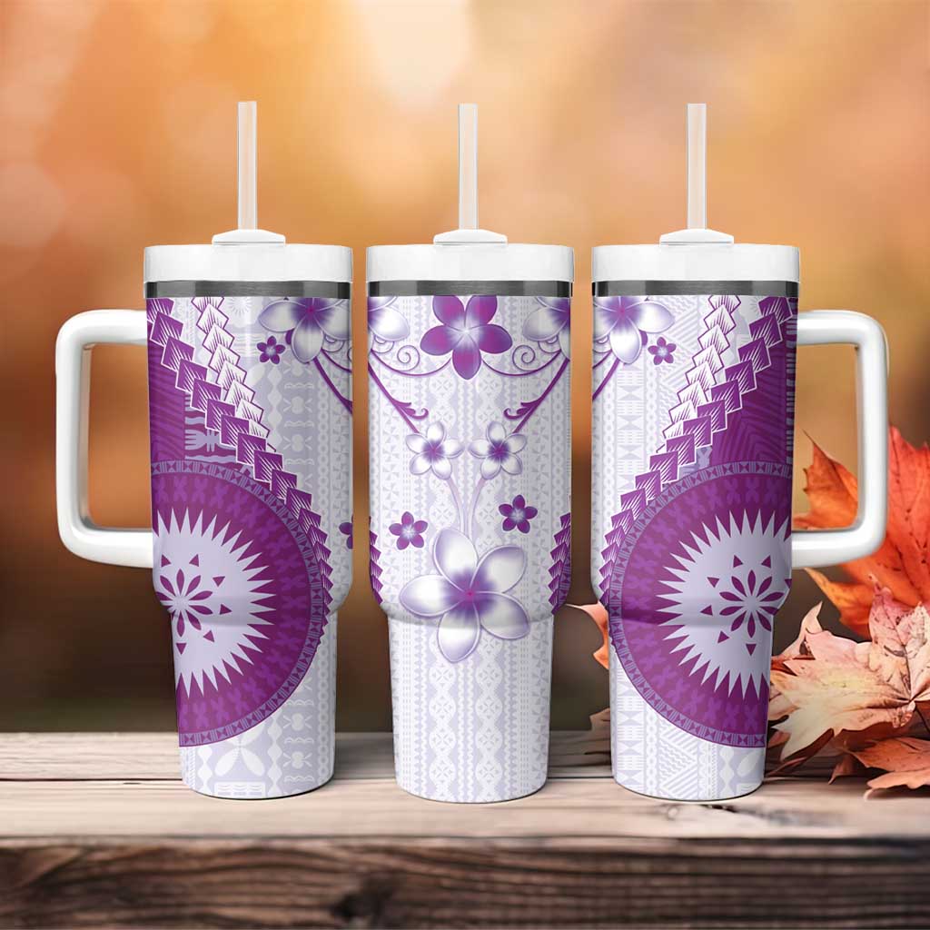Bula Fiji Tumbler With Handle Violet Plumeria Masi Tapa Pattern - Polynesian Pride