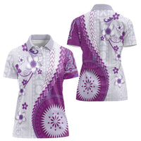 Bula Fiji Women Polo Shirt Violet Plumeria Masi Tapa Pattern - Polynesian Pride