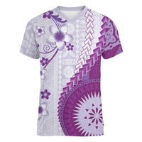 Bula Fiji Women V-Neck T-Shirt Violet Plumeria Masi Tapa Pattern - Polynesian Pride