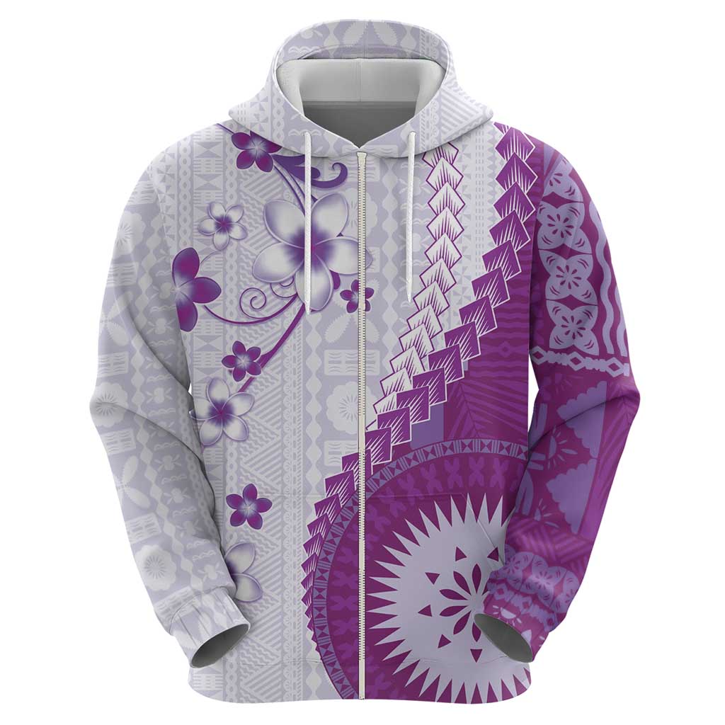 Bula Fiji Zip Hoodie Violet Plumeria Masi Tapa Pattern - Polynesian Pride