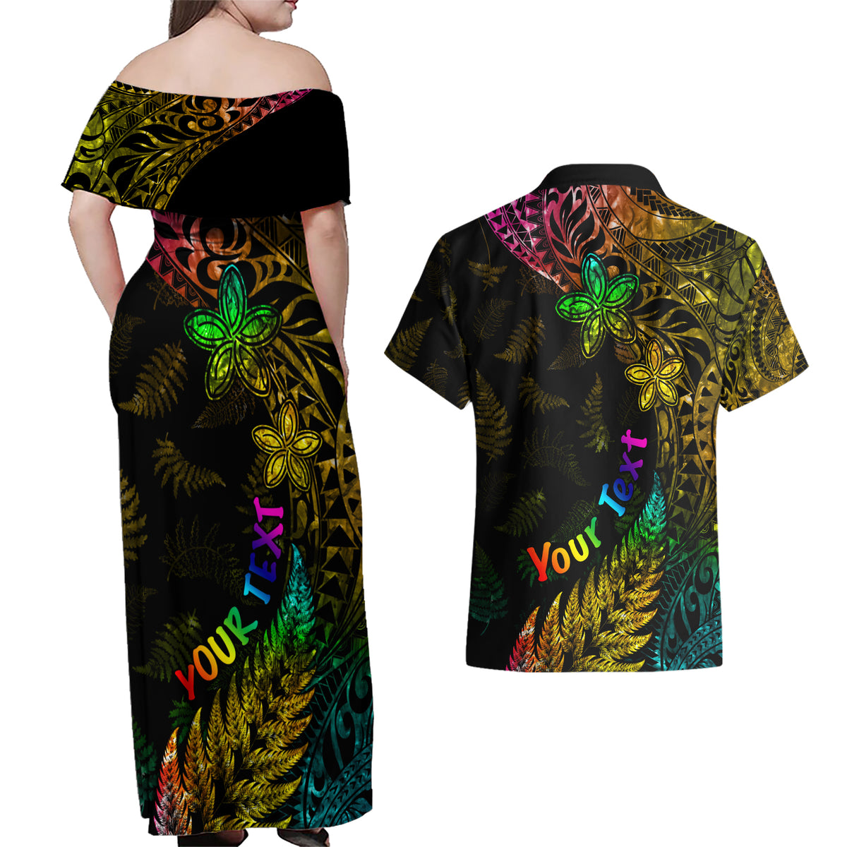 Personalised New Zealand Wellington Pride Couples Matching Off Shoulder Maxi Dress and Hawaiian Shirt Rainbow Silver Fern Paua Shell LT05 - Polynesian Pride