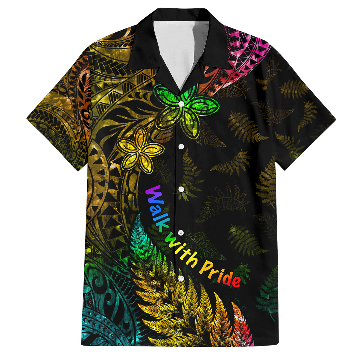 Personalised New Zealand Wellington Pride Family Matching Off Shoulder Maxi Dress and Hawaiian Shirt Rainbow Silver Fern Paua Shell LT05 Dad's Shirt - Short Sleeve Black - Polynesian Pride