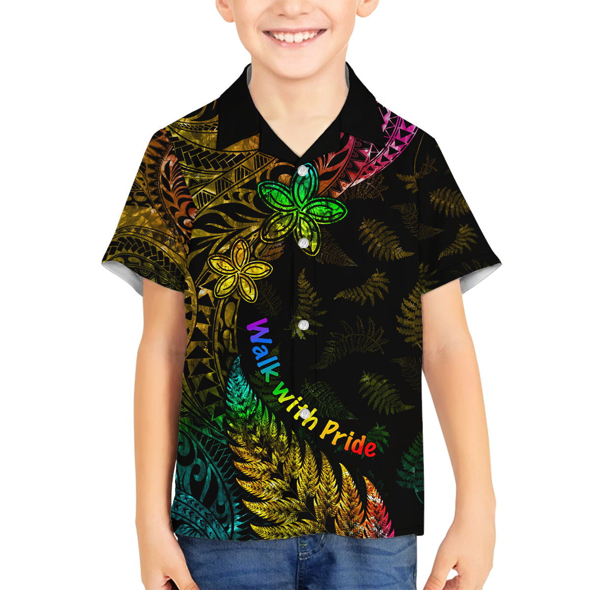Personalised New Zealand Wellington Pride Family Matching Off Shoulder Short Dress and Hawaiian Shirt Rainbow Silver Fern Paua Shell LT05 Son's Shirt Black - Polynesian Pride