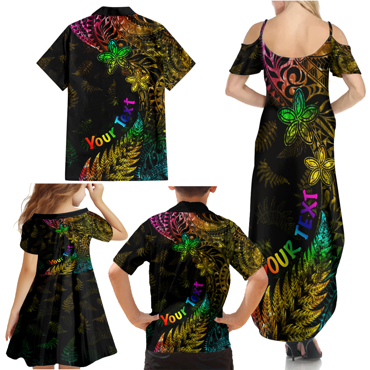 Personalised New Zealand Wellington Pride Family Matching Summer Maxi Dress and Hawaiian Shirt Rainbow Silver Fern Paua Shell LT05 - Polynesian Pride