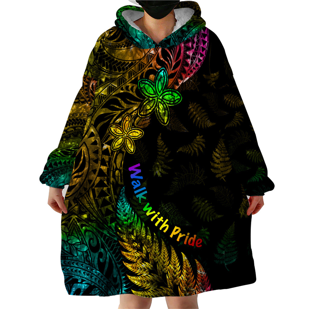 Personalised New Zealand Wellington Pride Wearable Blanket Hoodie Rainbow Silver Fern Paua Shell LT05 - Polynesian Pride