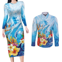 Polynesia Humpback Whale Couples Matching Long Sleeve Bodycon Dress and Long Sleeve Button Shirt Ocean Style