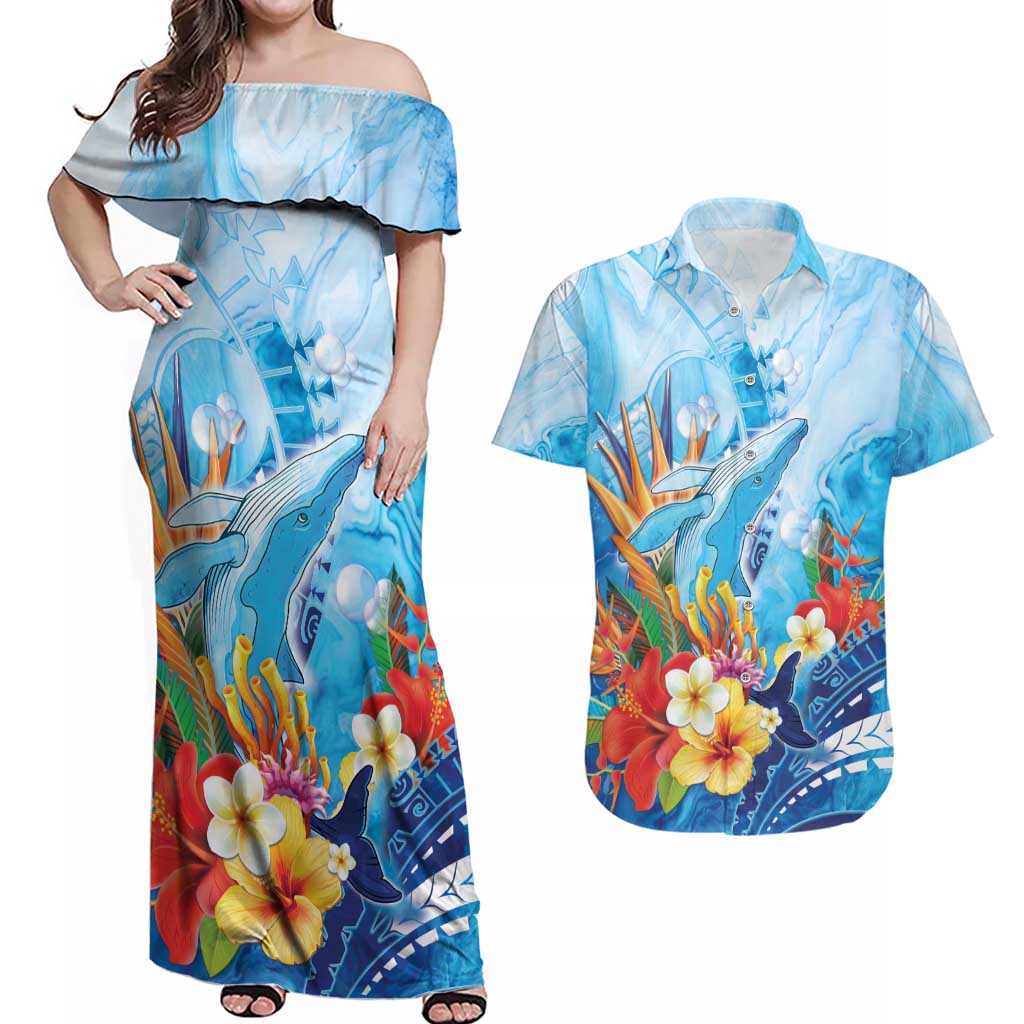 Polynesia Humpback Whale Couples Matching Off Shoulder Maxi Dress and Hawaiian Shirt Ocean Style