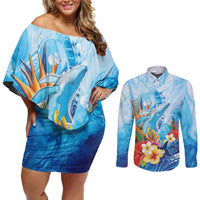 Polynesia Humpback Whale Couples Matching Off Shoulder Short Dress and Long Sleeve Button Shirt Ocean Style