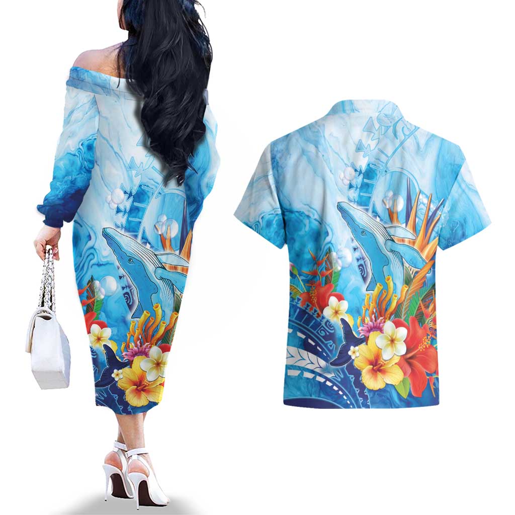 Polynesia Humpback Whale Couples Matching Off The Shoulder Long Sleeve Dress and Hawaiian Shirt Ocean Style