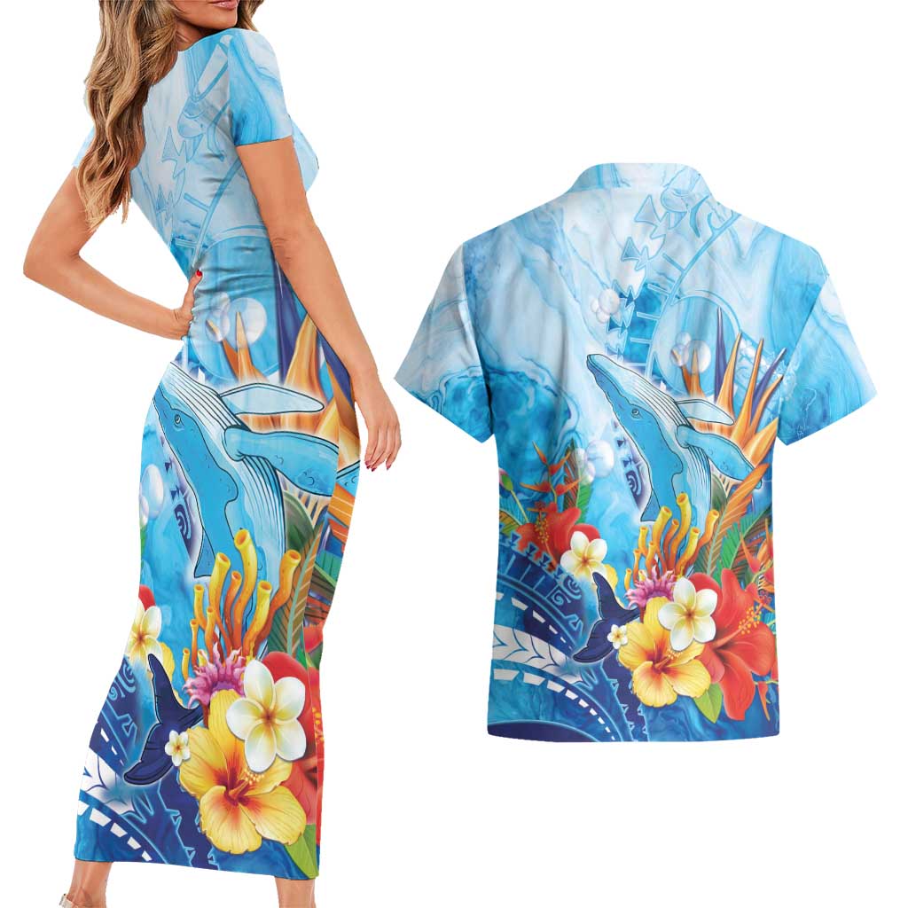 Polynesia Humpback Whale Couples Matching Short Sleeve Bodycon Dress and Hawaiian Shirt Ocean Style