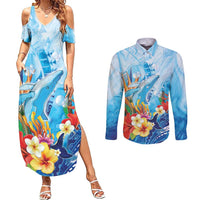 Polynesia Humpback Whale Couples Matching Summer Maxi Dress and Long Sleeve Button Shirt Ocean Style