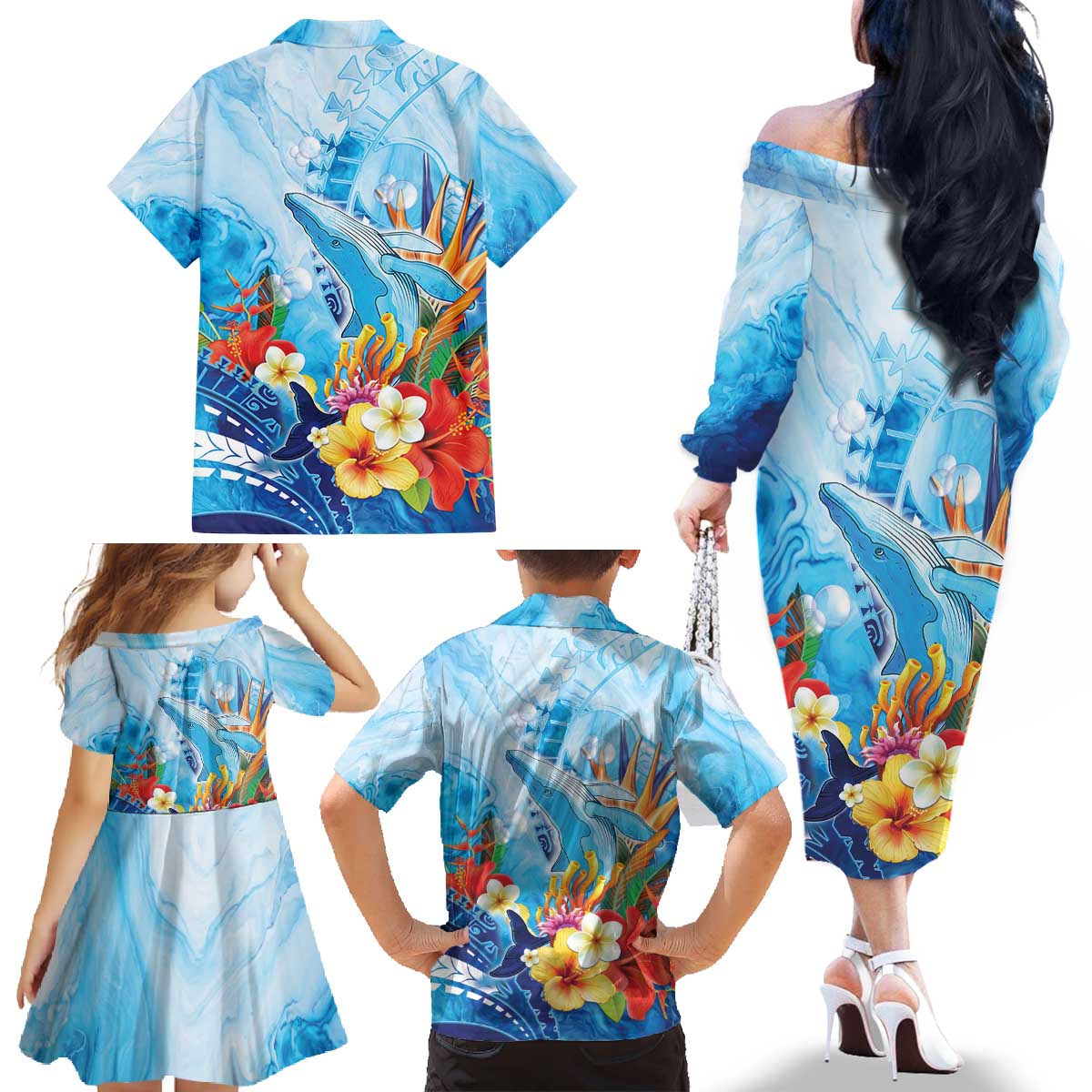 Polynesia Humpback Whale Family Matching Off The Shoulder Long Sleeve Dress and Hawaiian Shirt Ocean Style LT05 - Polynesian Pride