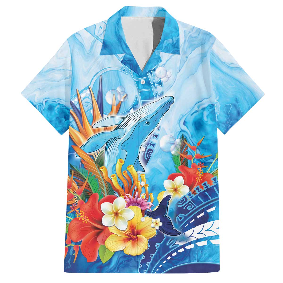 Polynesia Humpback Whale Family Matching Off The Shoulder Long Sleeve Dress and Hawaiian Shirt Ocean Style LT05 Dad's Shirt - Short Sleeve Blue - Polynesian Pride