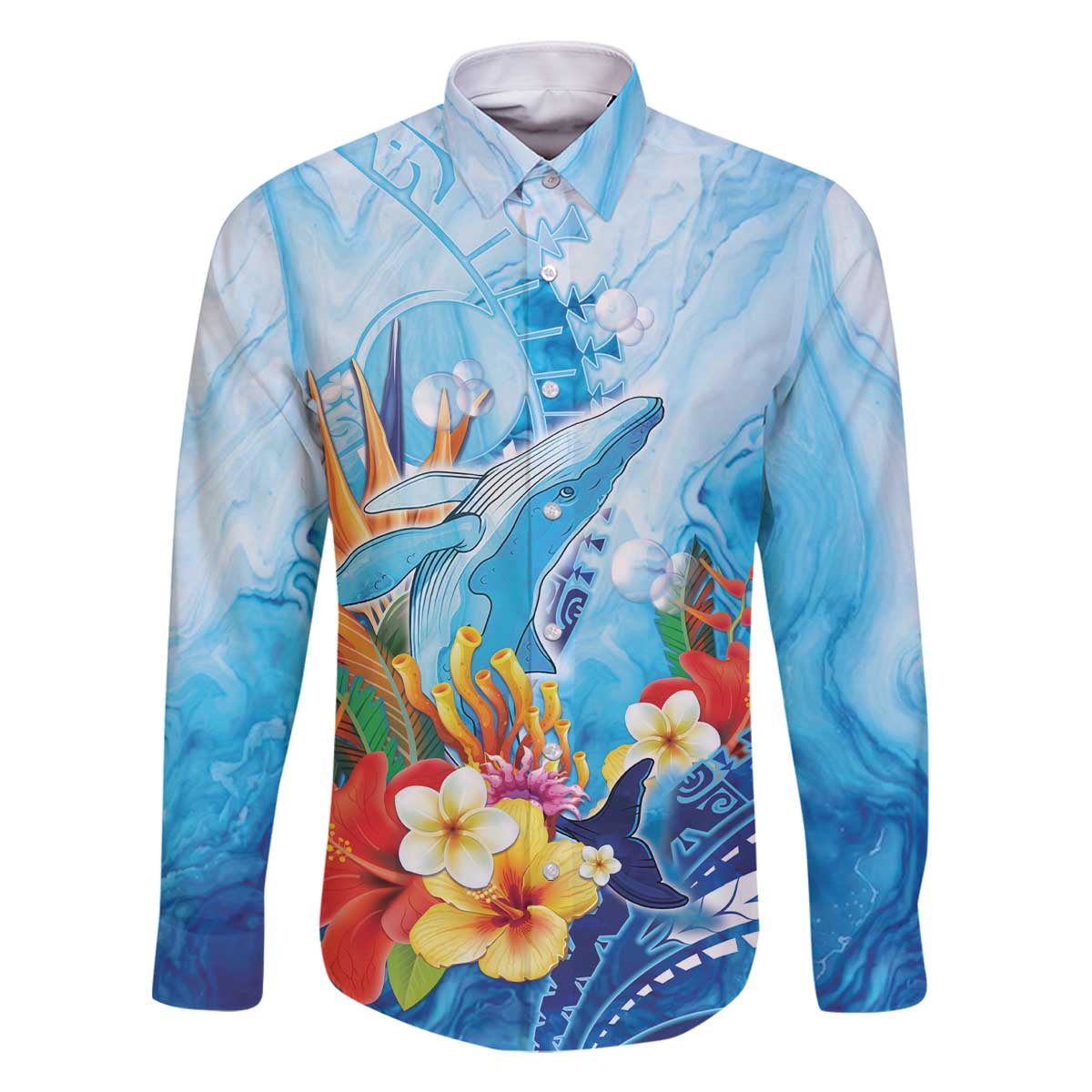 Polynesia Humpback Whale Family Matching Off The Shoulder Long Sleeve Dress and Hawaiian Shirt Ocean Style LT05 Dad's Shirt - Long Sleeve Blue - Polynesian Pride