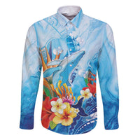 Polynesia Humpback Whale Family Matching Off The Shoulder Long Sleeve Dress and Hawaiian Shirt Ocean Style LT05 Dad's Shirt - Long Sleeve Blue - Polynesian Pride