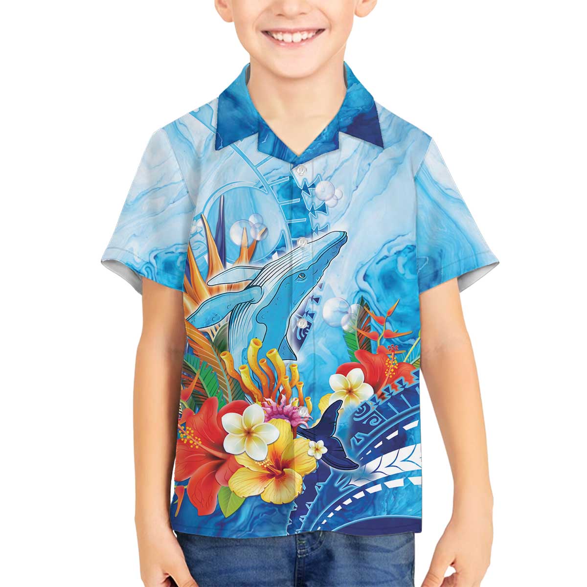 Polynesia Humpback Whale Family Matching Off The Shoulder Long Sleeve Dress and Hawaiian Shirt Ocean Style LT05 Son's Shirt Blue - Polynesian Pride