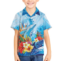 Polynesia Humpback Whale Family Matching Off The Shoulder Long Sleeve Dress and Hawaiian Shirt Ocean Style LT05 Son's Shirt Blue - Polynesian Pride