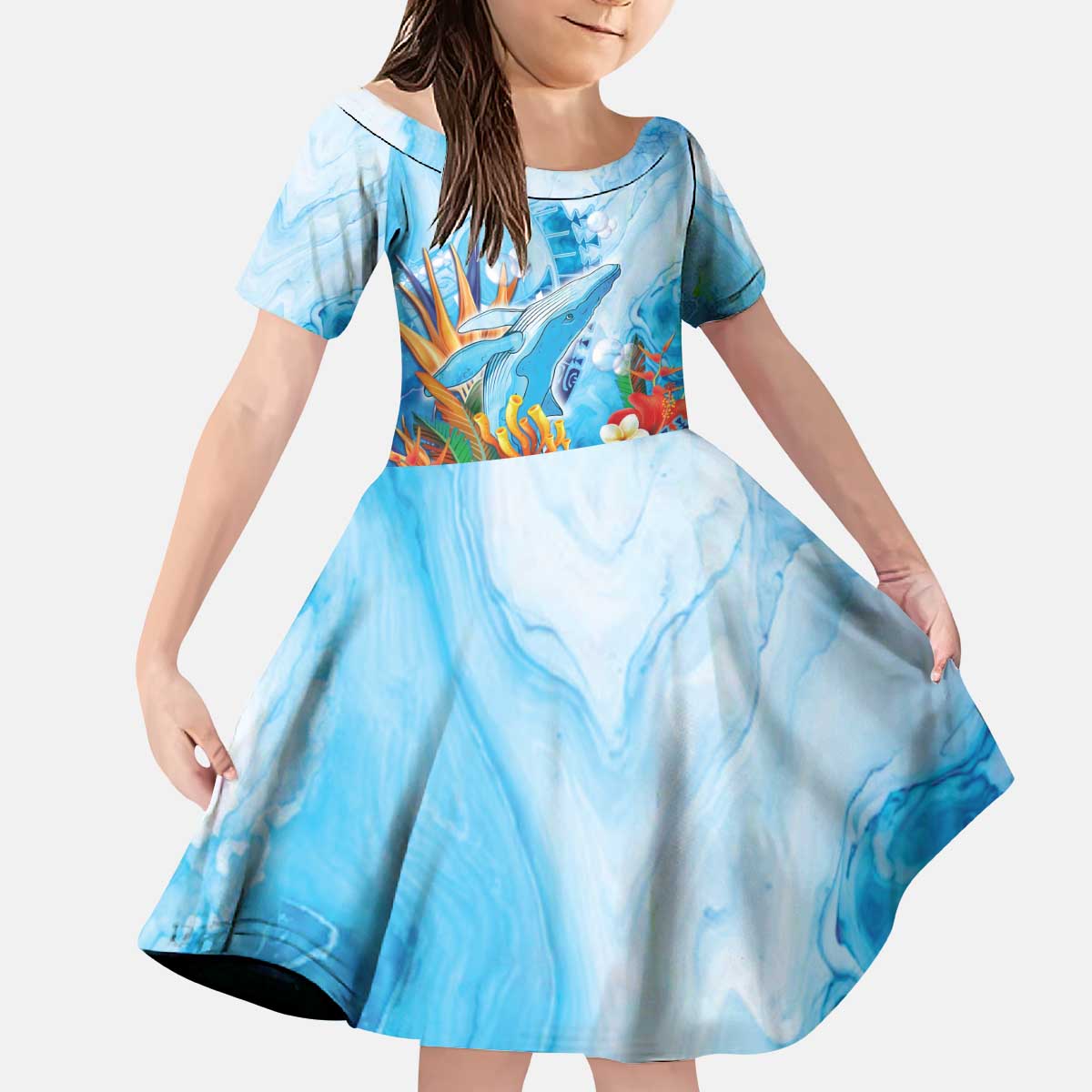 Polynesia Humpback Whale Kid Short Sleeve Dress Ocean Style