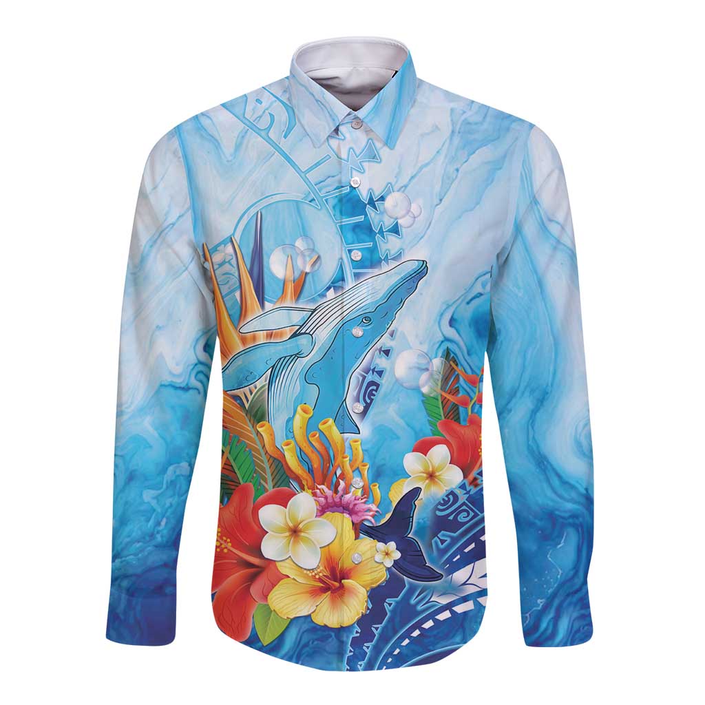 Polynesia Humpback Whale Long Sleeve Button Shirt Ocean Style LT05 Unisex Blue - Polynesian Pride