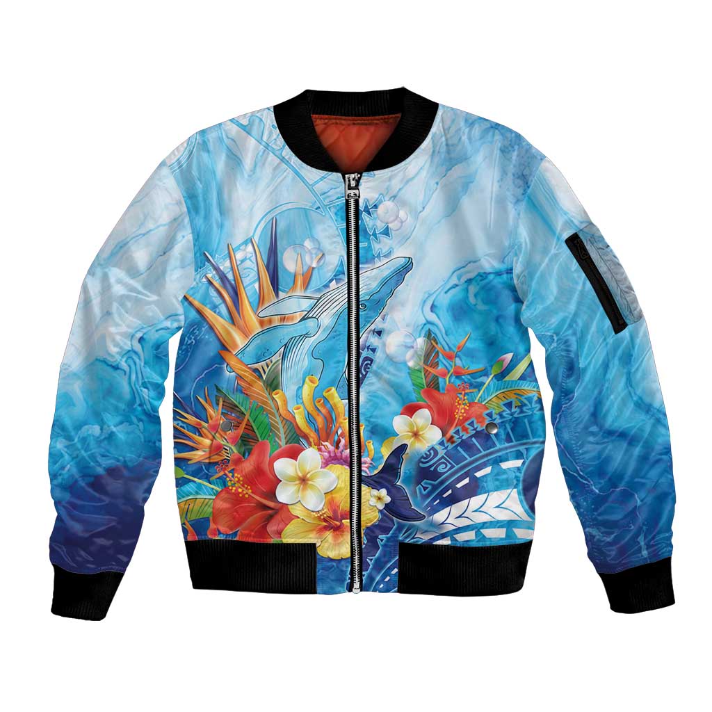 Polynesia Humpback Whale Sleeve Zip Bomber Jacket Ocean Style LT05 Unisex Blue - Polynesian Pride