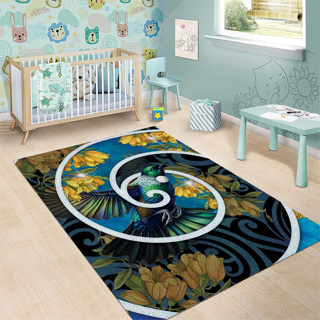New Zealand Tui Bird Area Rug Maori Koru With Kowhai Flowers