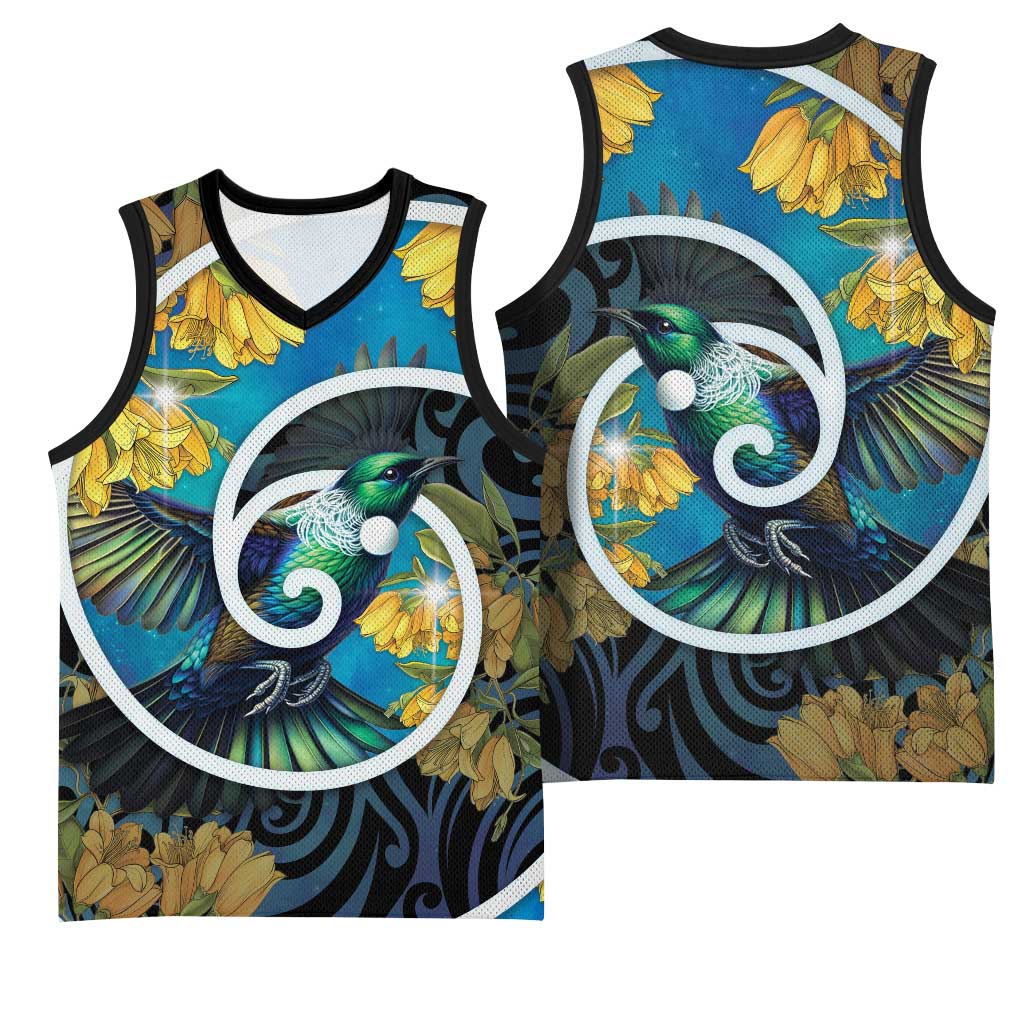 New Zealand Tui Bird Basketball Jersey Maori Koru With Kowhai Flowers LT05 - Polynesian Pride