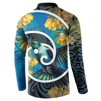 New Zealand Tui Bird Button Sweatshirt Maori Koru With Kowhai Flowers