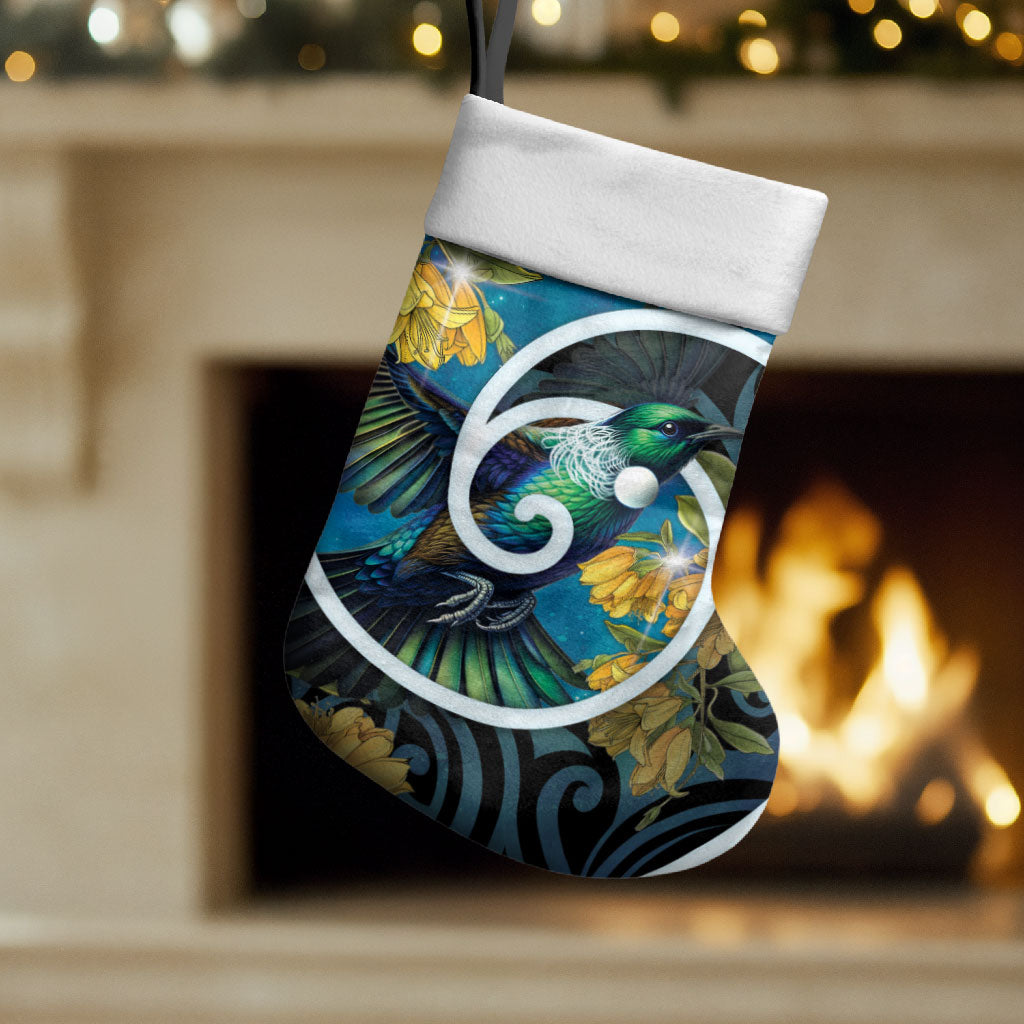 New Zealand Tui Bird Christmas Stocking Maori Koru With Kowhai Flowers LT05 Set of 2 Black - Polynesian Pride