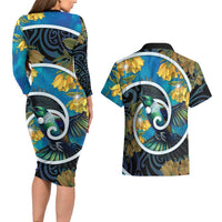 New Zealand Tui Bird Couples Matching Long Sleeve Bodycon Dress and Hawaiian Shirt Maori Koru With Kowhai Flowers LT05 - Polynesian Pride