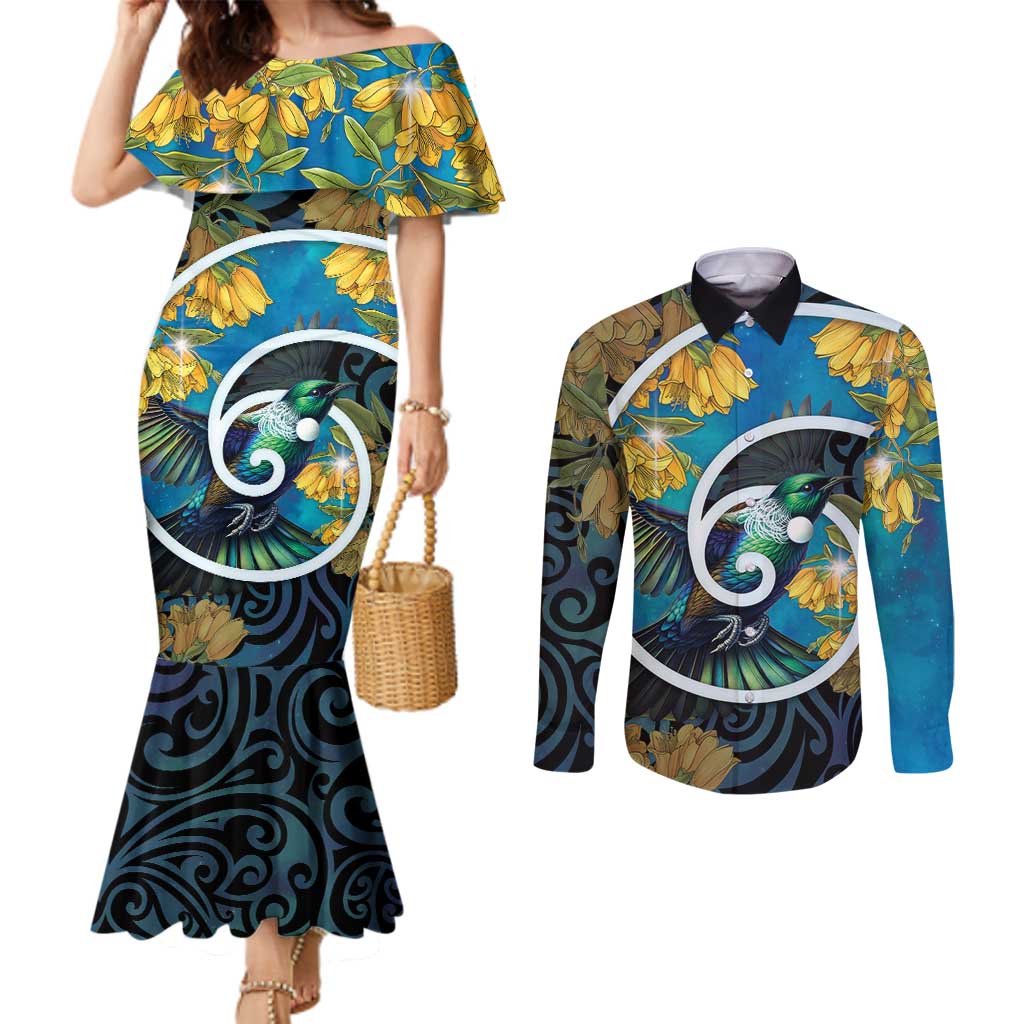 New Zealand Tui Bird Couples Matching Mermaid Dress and Long Sleeve Button Shirt Maori Koru With Kowhai Flowers LT05 Black - Polynesian Pride
